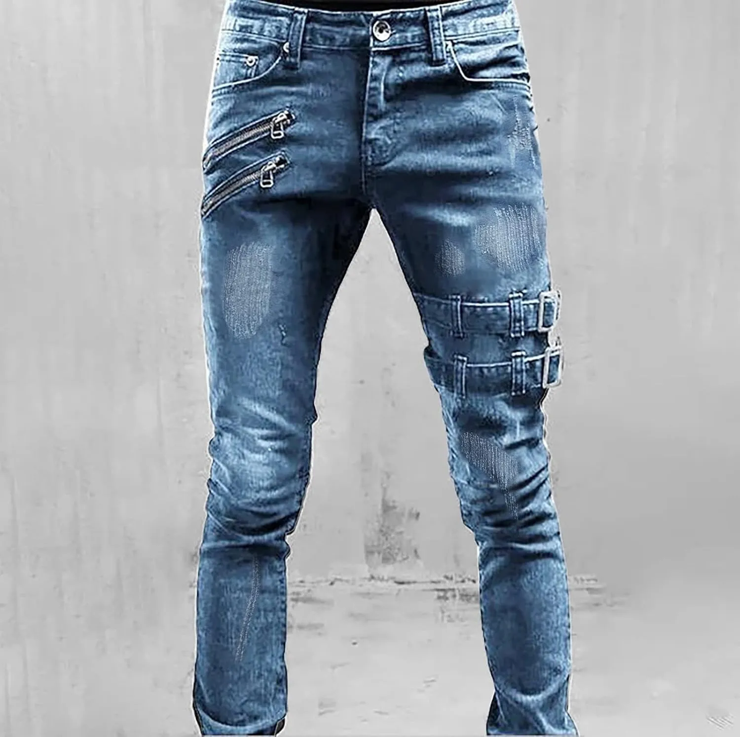 Mens Slim Fit Motor Biker Jeans Stretch Tapered Leg Denim Pants Zipper Deco Buckle Strap Hip Hop Gothic Punk Skinny Jeans