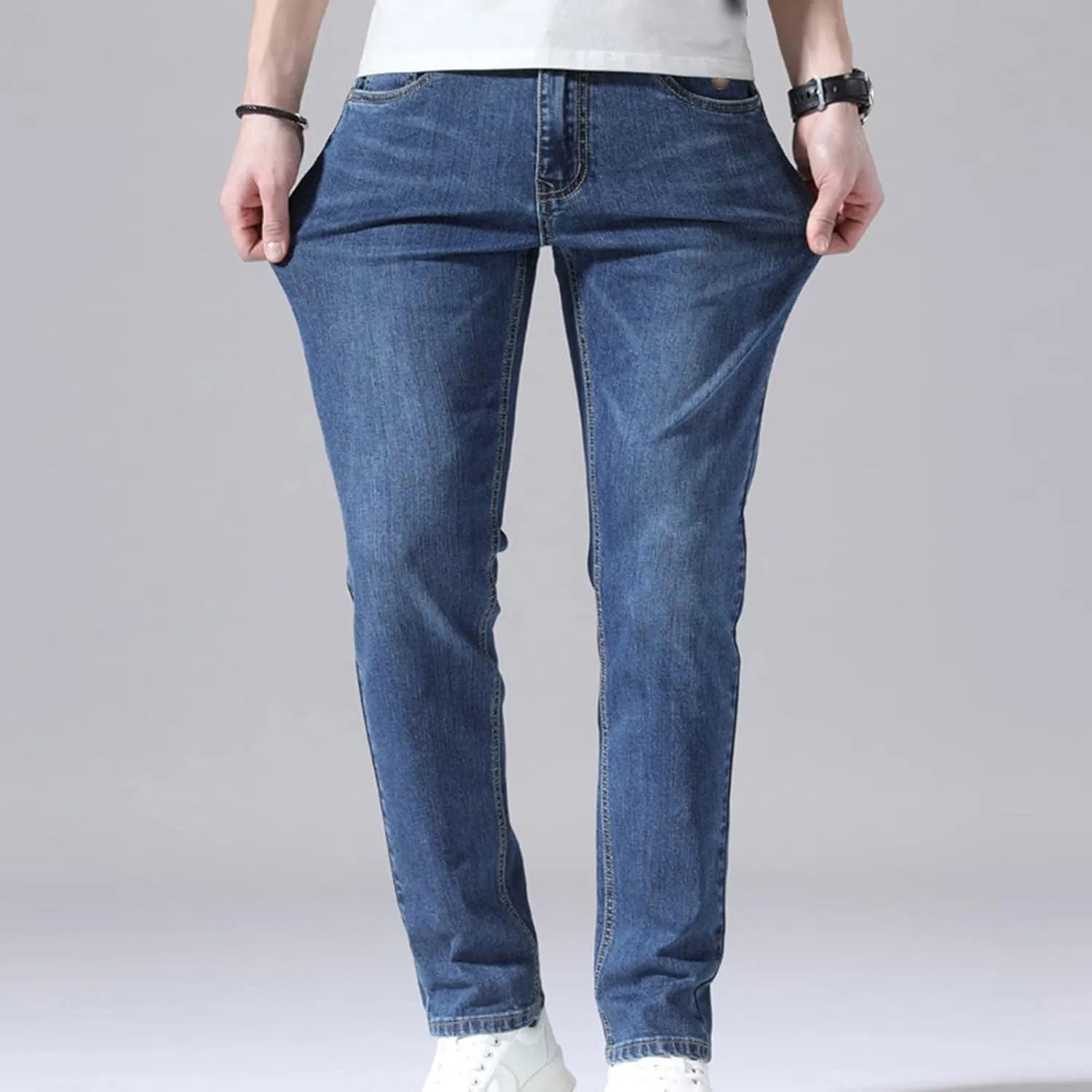 Men's Slim Fit Skinny Stretch Jeans Classic Retro Straight Leg Denim Pants Washed Distressed Comfy Jean Trousers