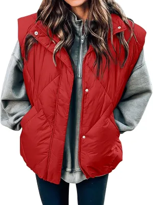 MEROKEETY Women's 2024 Winter Puffer Vest Quilted Stand Collar Zip Up Padded Gilet Coat with Pockets