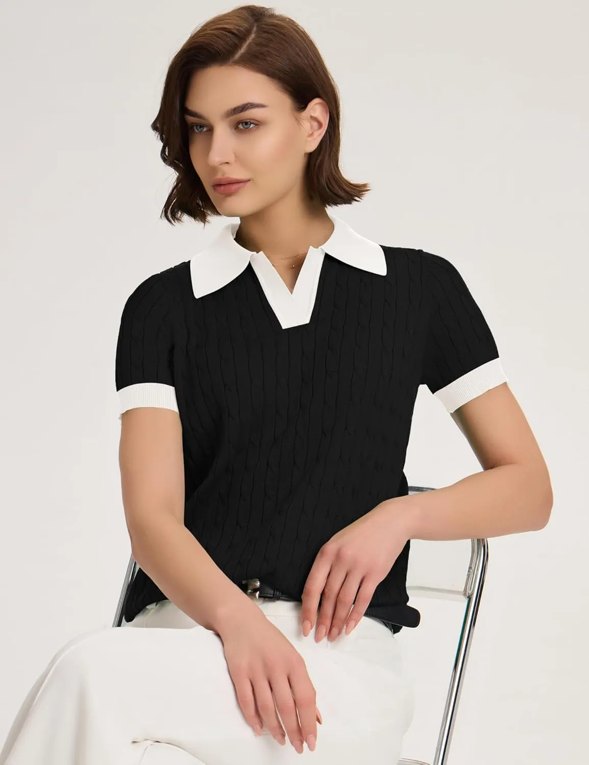 Micoson Womens Short Sleeve Sweater Tops Lapel V Neck Loose Shirts 2025 Summer Cable Knit Business Casual Outfits