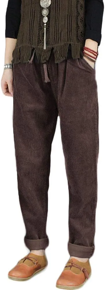 Minibee Women's Casual Corduroy Pants Comfy Pull on Elastic Waist Trousers Drawstring Cotton Pants