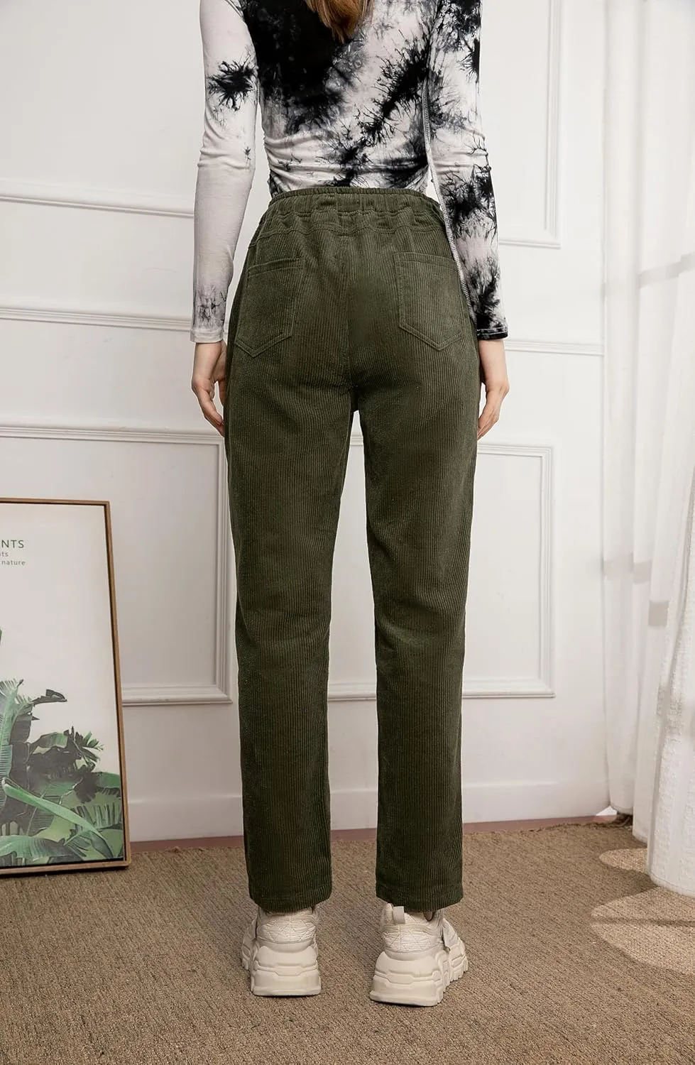 Minibee Women's Casual Corduroy Pants Comfy Pull on Elastic Waist Trousers Drawstring Cotton Pants