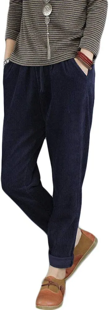 Minibee Women's Casual Corduroy Pants Comfy Pull on Elastic Waist Trousers Drawstring Cotton Pants