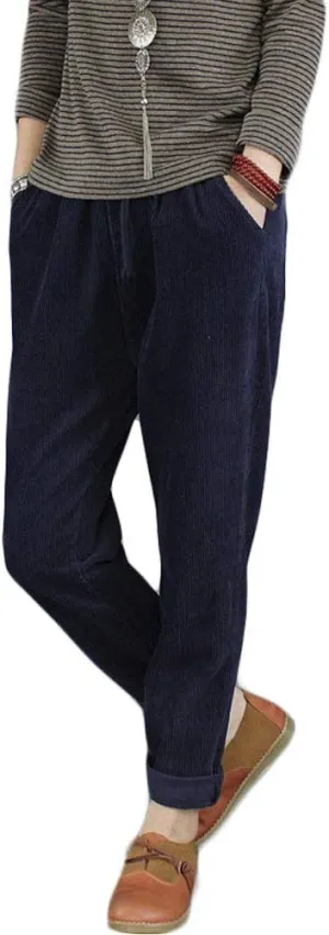 Minibee Women's Casual Corduroy Pants Comfy Pull on Elastic Waist Trousers Drawstring Cotton Pants