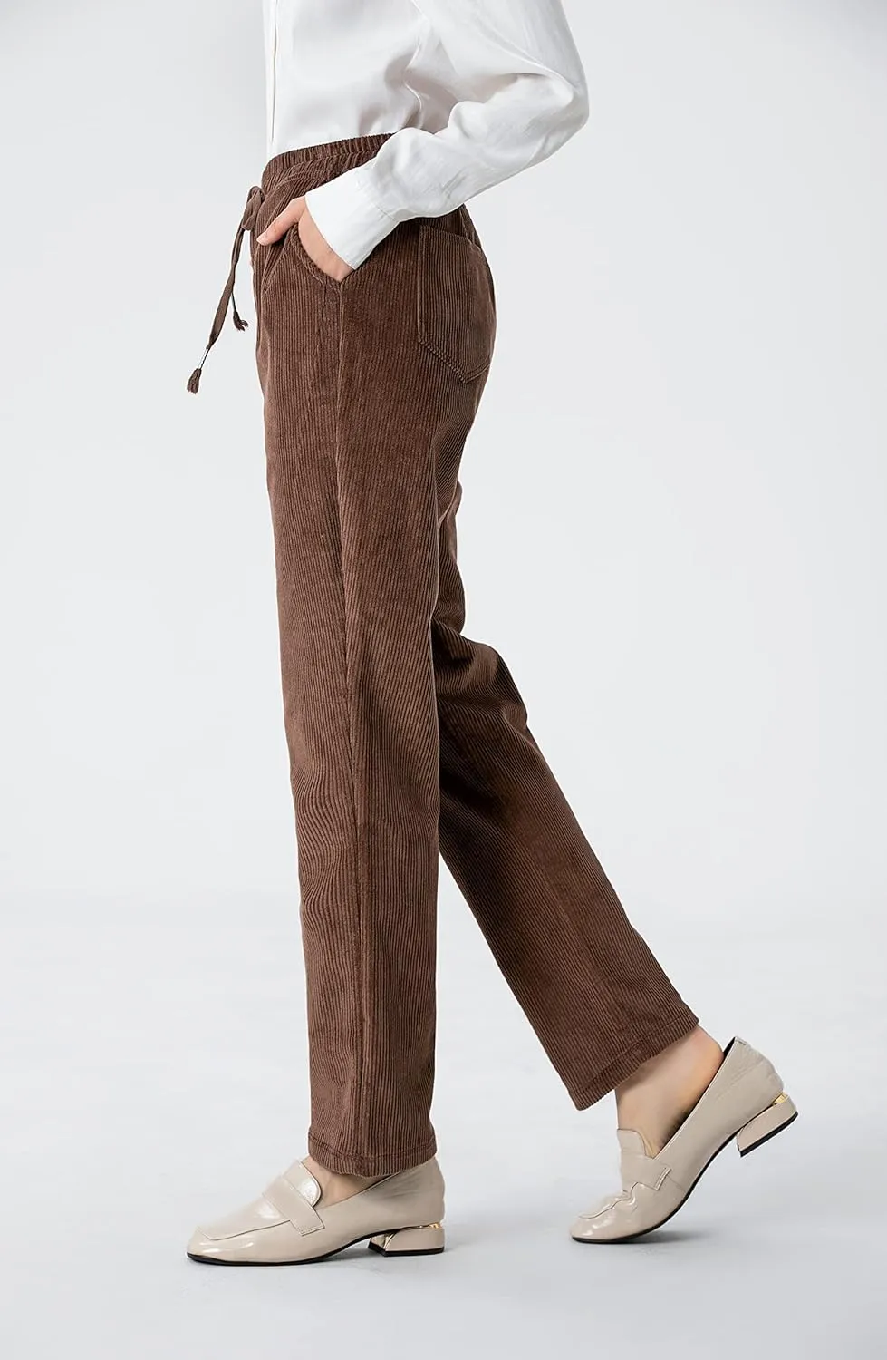 Minibee Women's Casual Corduroy Pants Comfy Pull on Elastic Waist Trousers Drawstring Cotton Pants