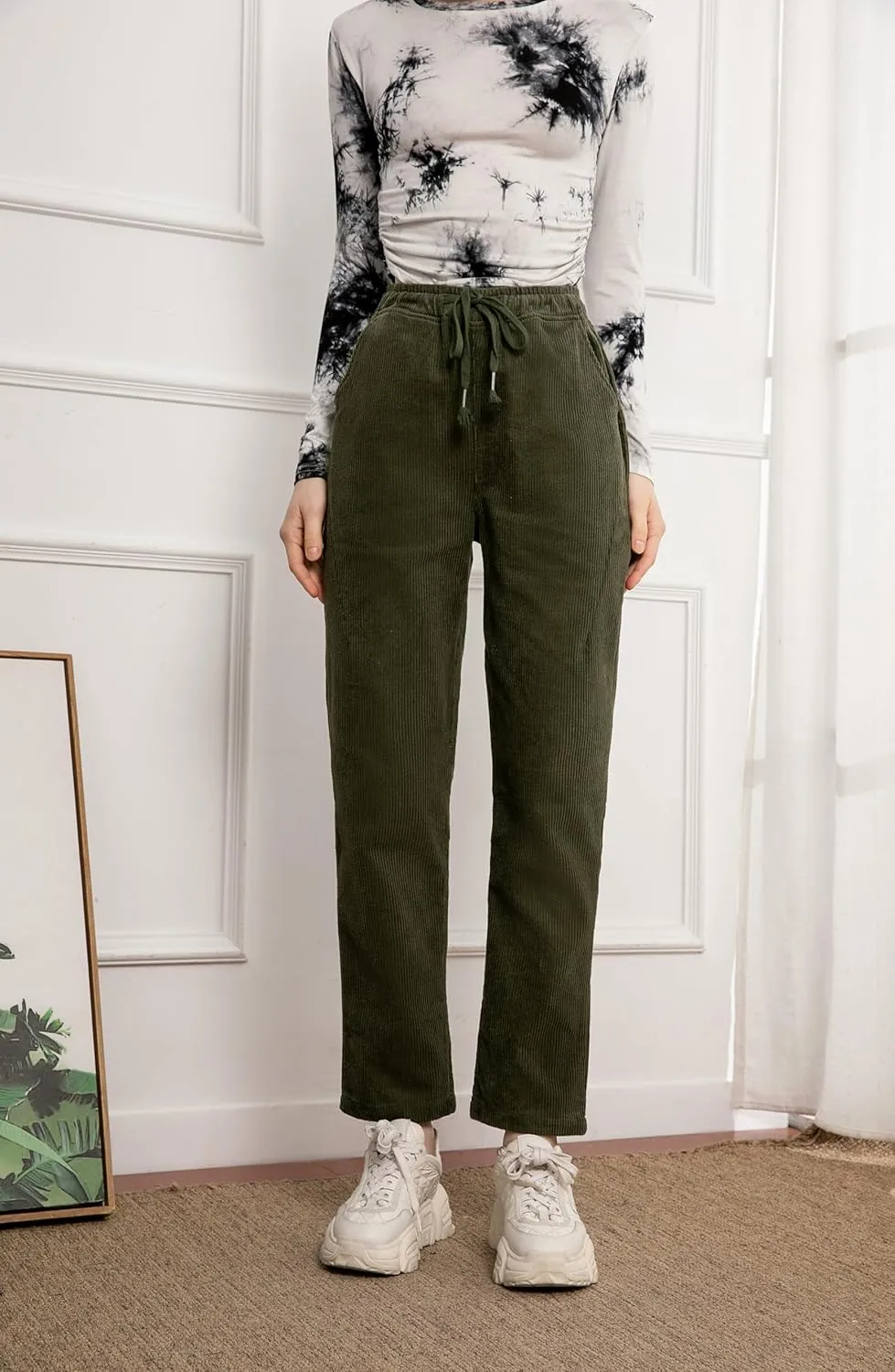 Minibee Women's Casual Corduroy Pants Comfy Pull on Elastic Waist Trousers Drawstring Cotton Pants