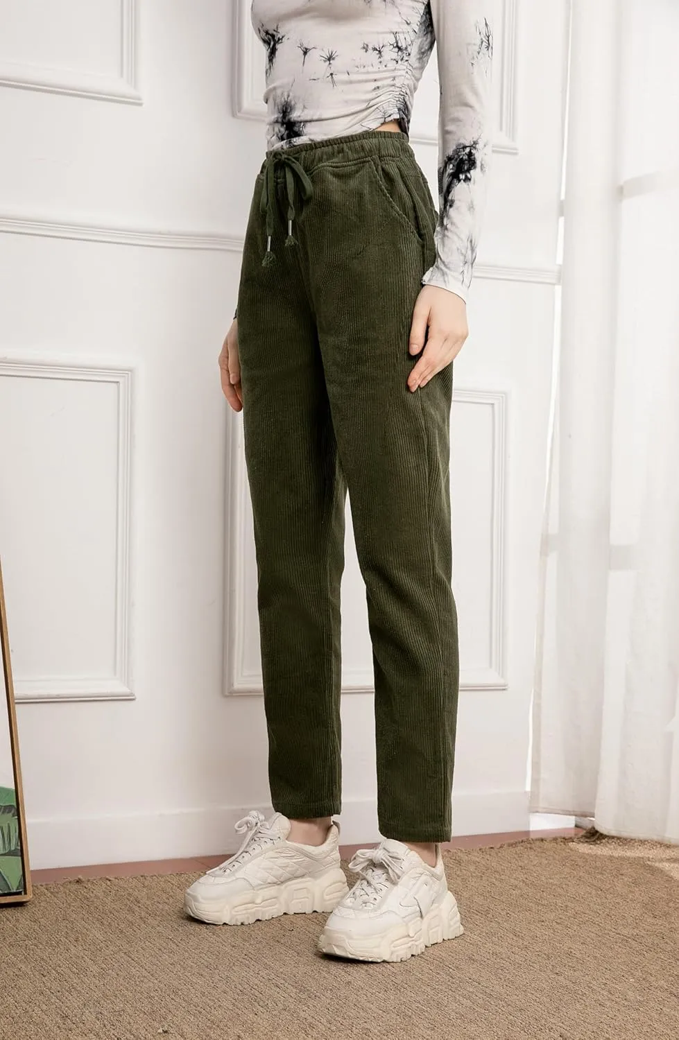 Minibee Women's Casual Corduroy Pants Comfy Pull on Elastic Waist Trousers Drawstring Cotton Pants