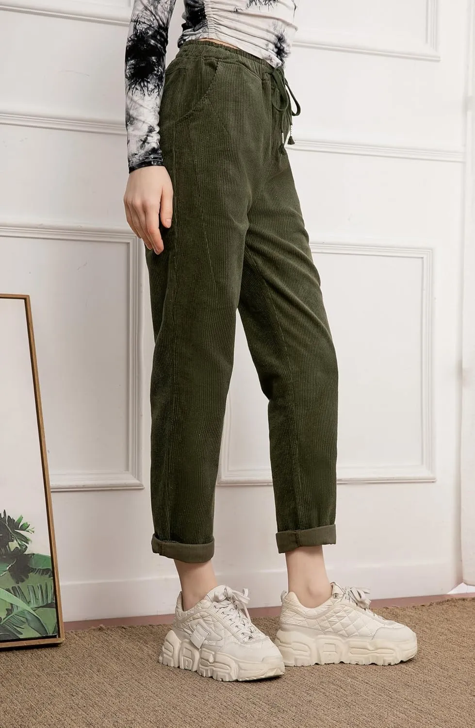 Minibee Women's Casual Corduroy Pants Comfy Pull on Elastic Waist Trousers Drawstring Cotton Pants