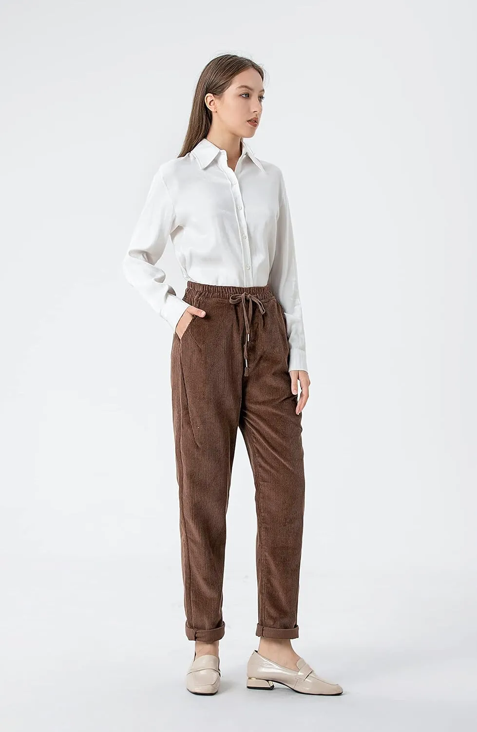 Minibee Women's Casual Corduroy Pants Comfy Pull on Elastic Waist Trousers Drawstring Cotton Pants