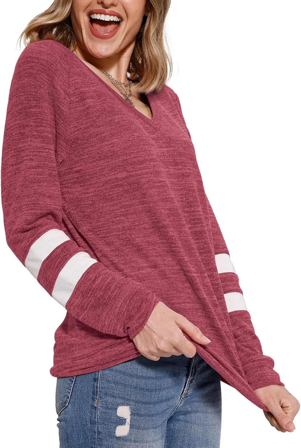 MixShe Womens Tops Fall Fashion Sweatshirt for Women Sweaters V Neck Long Sleeve Shirts Trendy Clothes