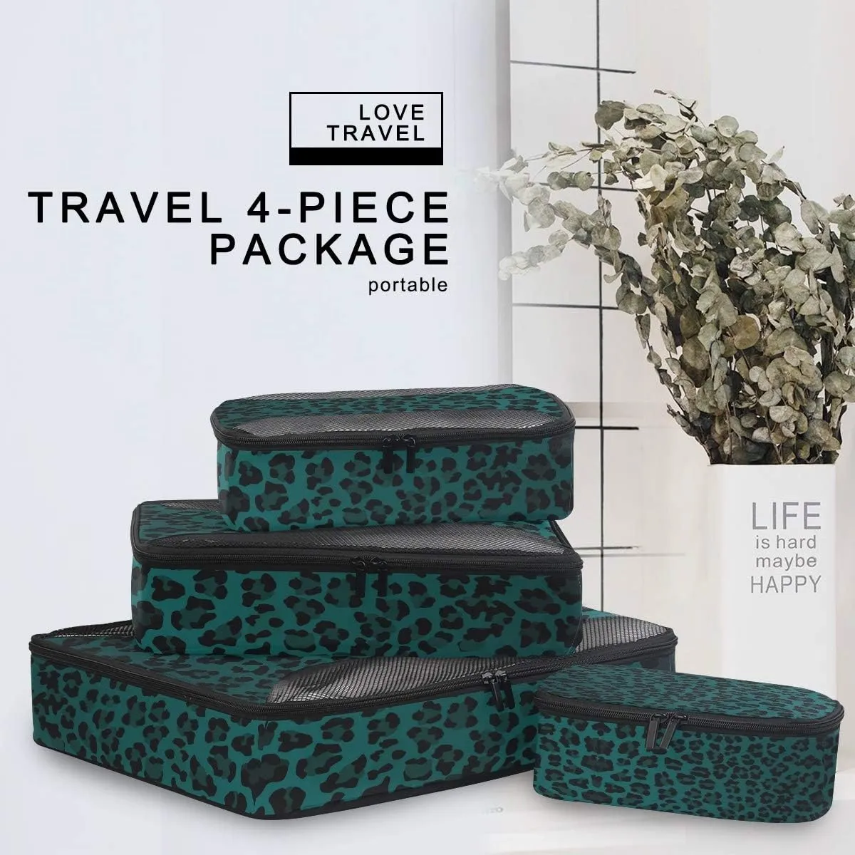MNSRUU Packing Cubes Leopard Print Turquoise Compression Luggage Cubes Travel Organizer Packing Bags for Suitcases, 4 PCS