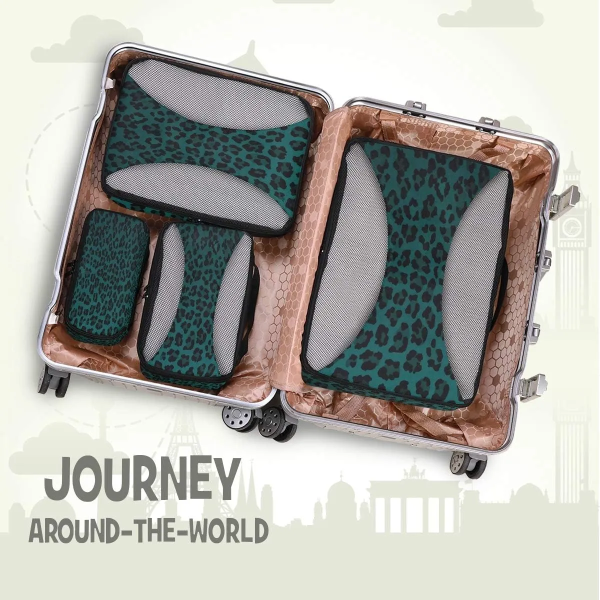 MNSRUU Packing Cubes Leopard Print Turquoise Compression Luggage Cubes Travel Organizer Packing Bags for Suitcases, 4 PCS
