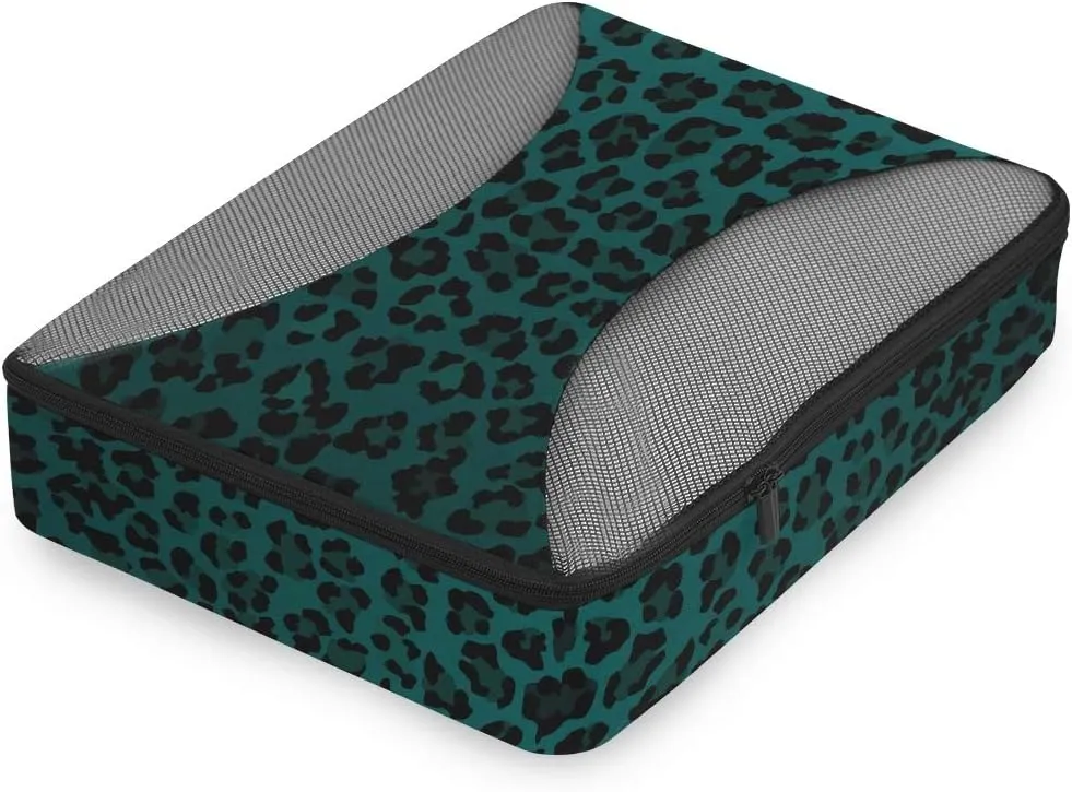 MNSRUU Packing Cubes Leopard Print Turquoise Compression Luggage Cubes Travel Organizer Packing Bags for Suitcases, 4 PCS