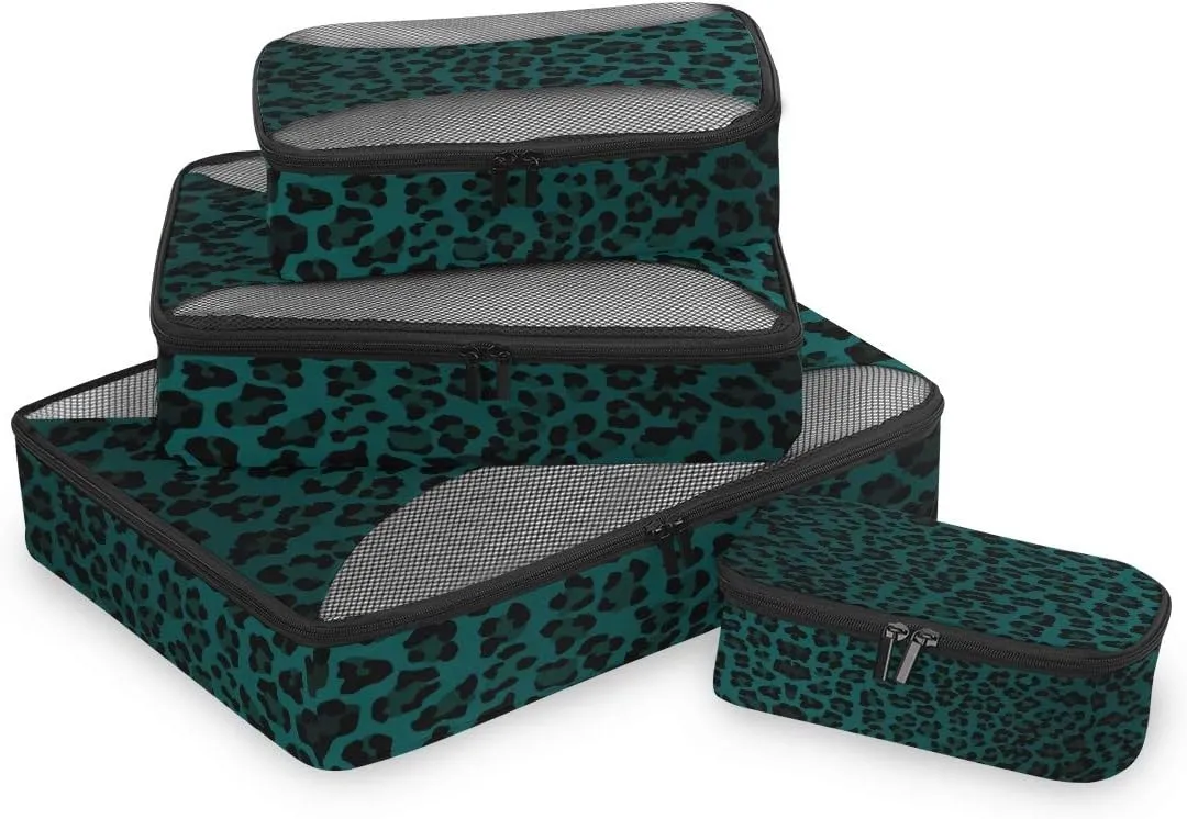 MNSRUU Packing Cubes Leopard Print Turquoise Compression Luggage Cubes Travel Organizer Packing Bags for Suitcases, 4 PCS