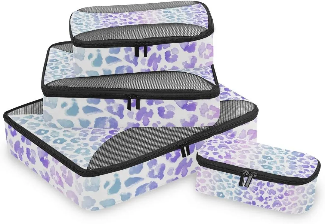 MNSRUU Packing Cubes Leopard Purple Tie Dye Compression Luggage Cubes Travel Organizer Packing Bags for Suitcases, 4 PCS