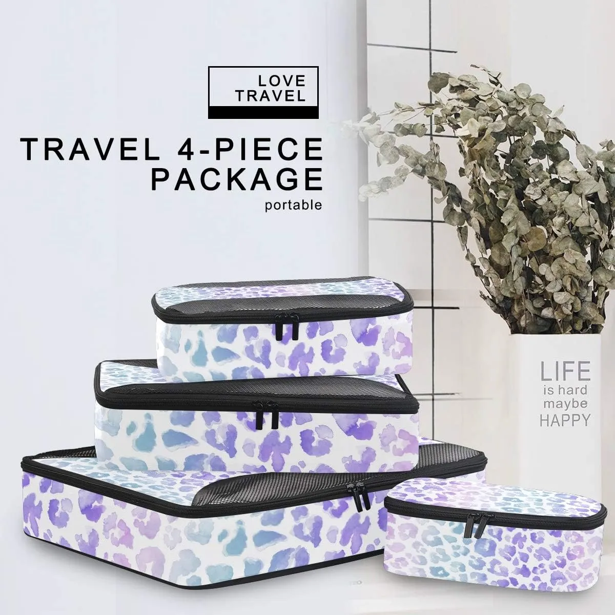 MNSRUU Packing Cubes Leopard Purple Tie Dye Compression Luggage Cubes Travel Organizer Packing Bags for Suitcases, 4 PCS