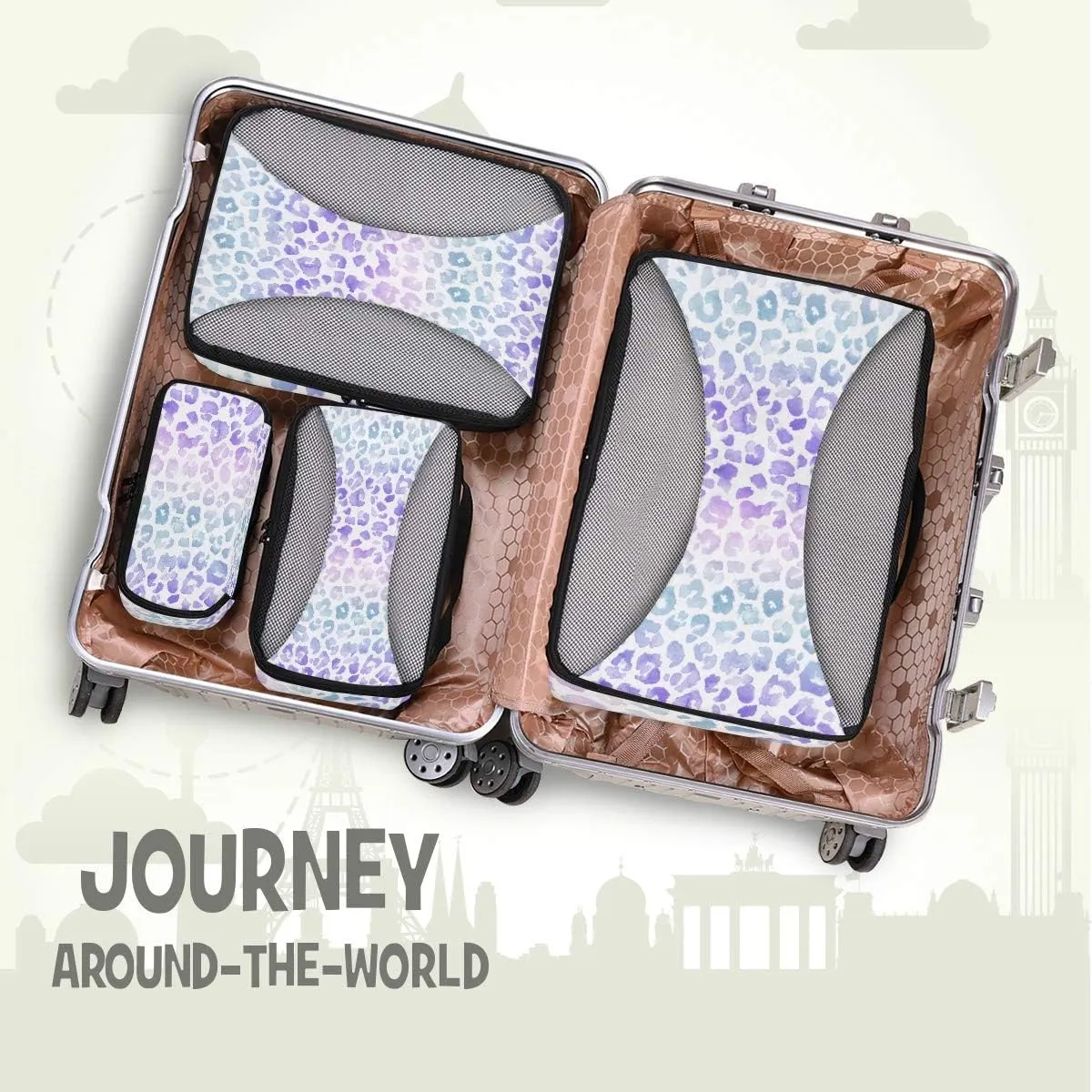 MNSRUU Packing Cubes Leopard Purple Tie Dye Compression Luggage Cubes Travel Organizer Packing Bags for Suitcases, 4 PCS