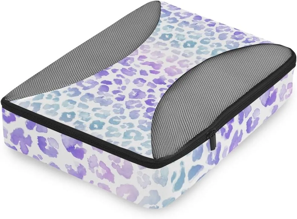 MNSRUU Packing Cubes Leopard Purple Tie Dye Compression Luggage Cubes Travel Organizer Packing Bags for Suitcases, 4 PCS