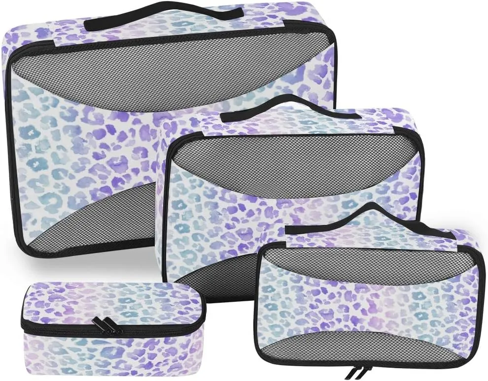 MNSRUU Packing Cubes Leopard Purple Tie Dye Compression Luggage Cubes Travel Organizer Packing Bags for Suitcases, 4 PCS