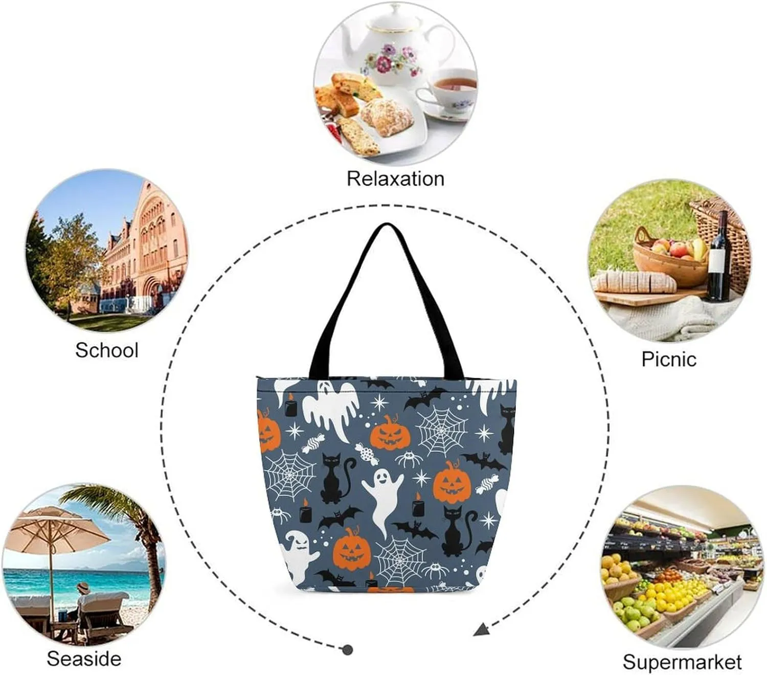 Multicolored Bright Faces Halloweens Hobo Handbags With Zipper Women's Tote Handbags