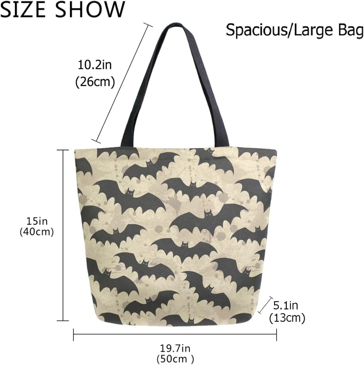 Naanle Extra Large Tote Handle Bags, Halloween Black Bats Floral Canvas Reusable Market Beach Travel Gym Shopping Shoulder Bag for Women
