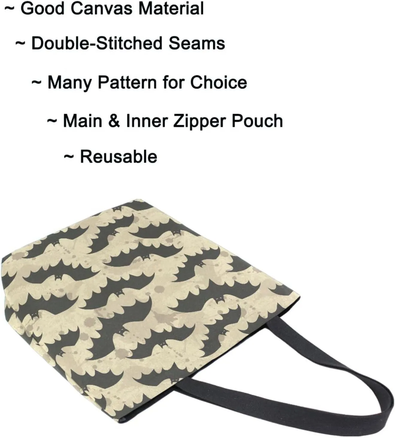 Naanle Extra Large Tote Handle Bags, Halloween Black Bats Floral Canvas Reusable Market Beach Travel Gym Shopping Shoulder Bag for Women