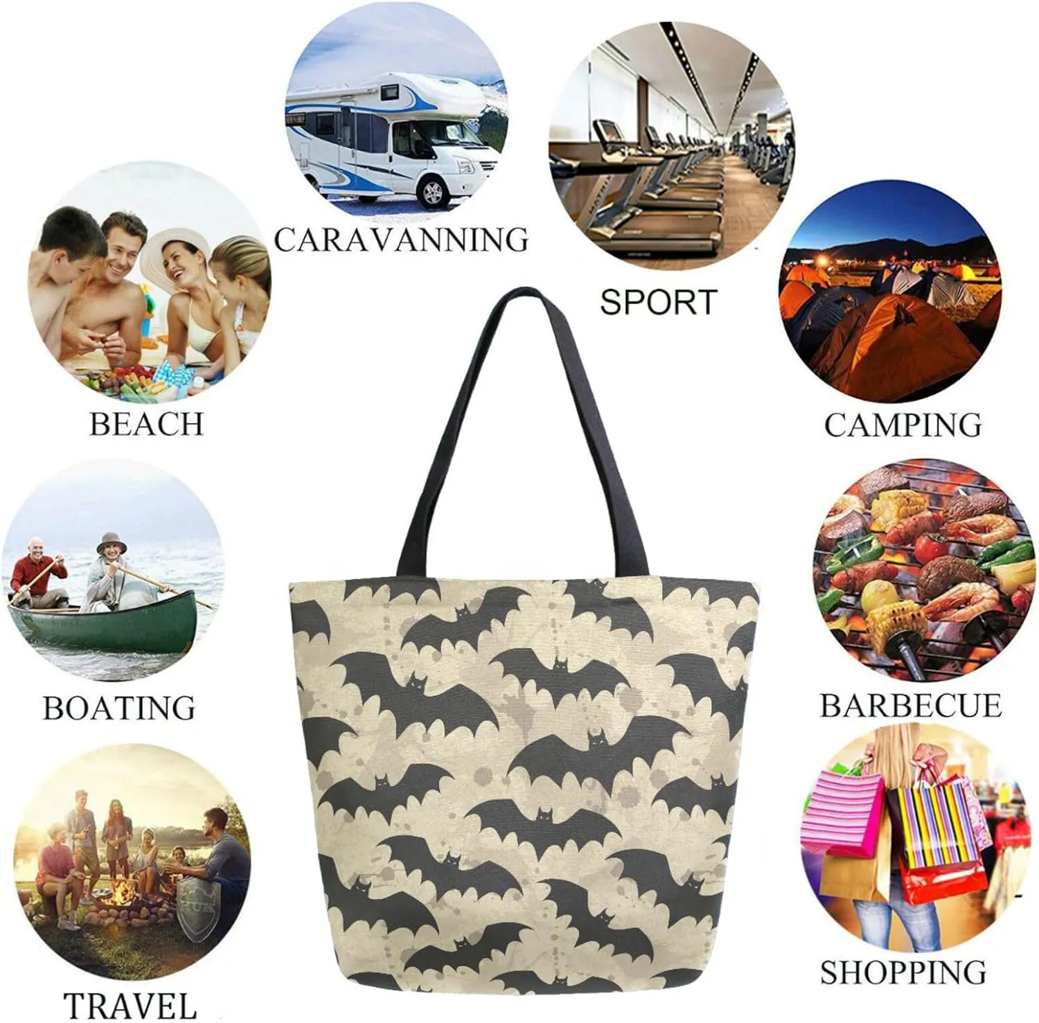 Naanle Extra Large Tote Handle Bags, Halloween Black Bats Floral Canvas Reusable Market Beach Travel Gym Shopping Shoulder Bag for Women