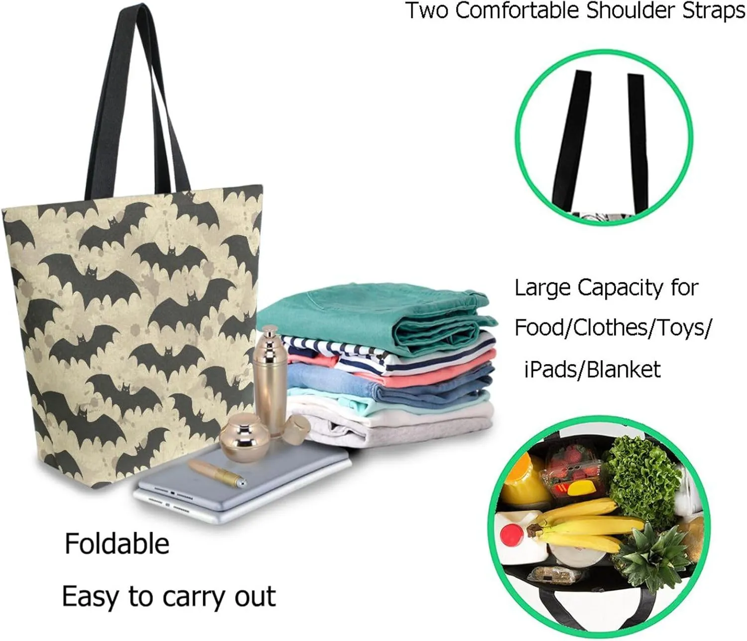 Naanle Extra Large Tote Handle Bags, Halloween Black Bats Floral Canvas Reusable Market Beach Travel Gym Shopping Shoulder Bag for Women