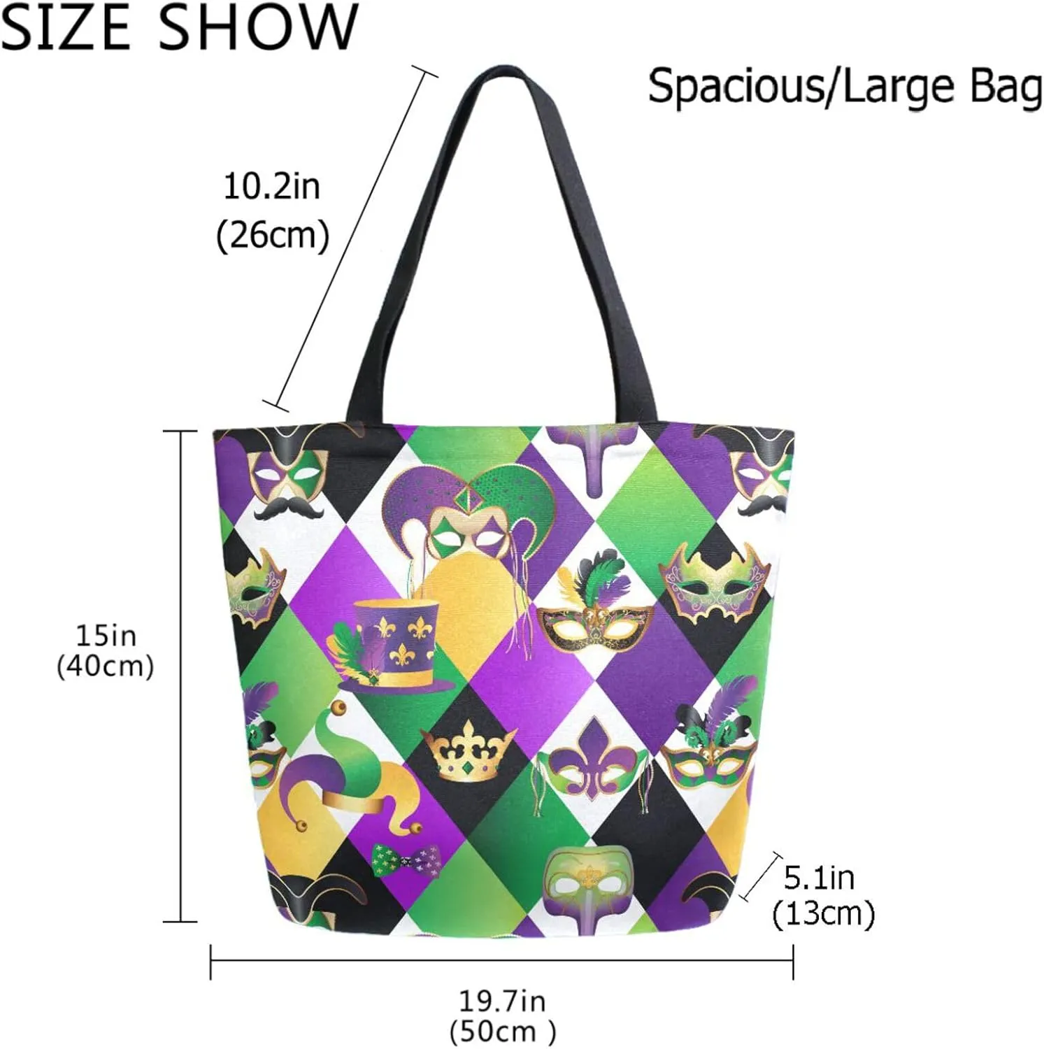 Naanle Fashion Carnival Masks Extra Large Tote Long Handle Bags Canvas Reusable Market Beach Travel Gym Shopping Shoulder Bag