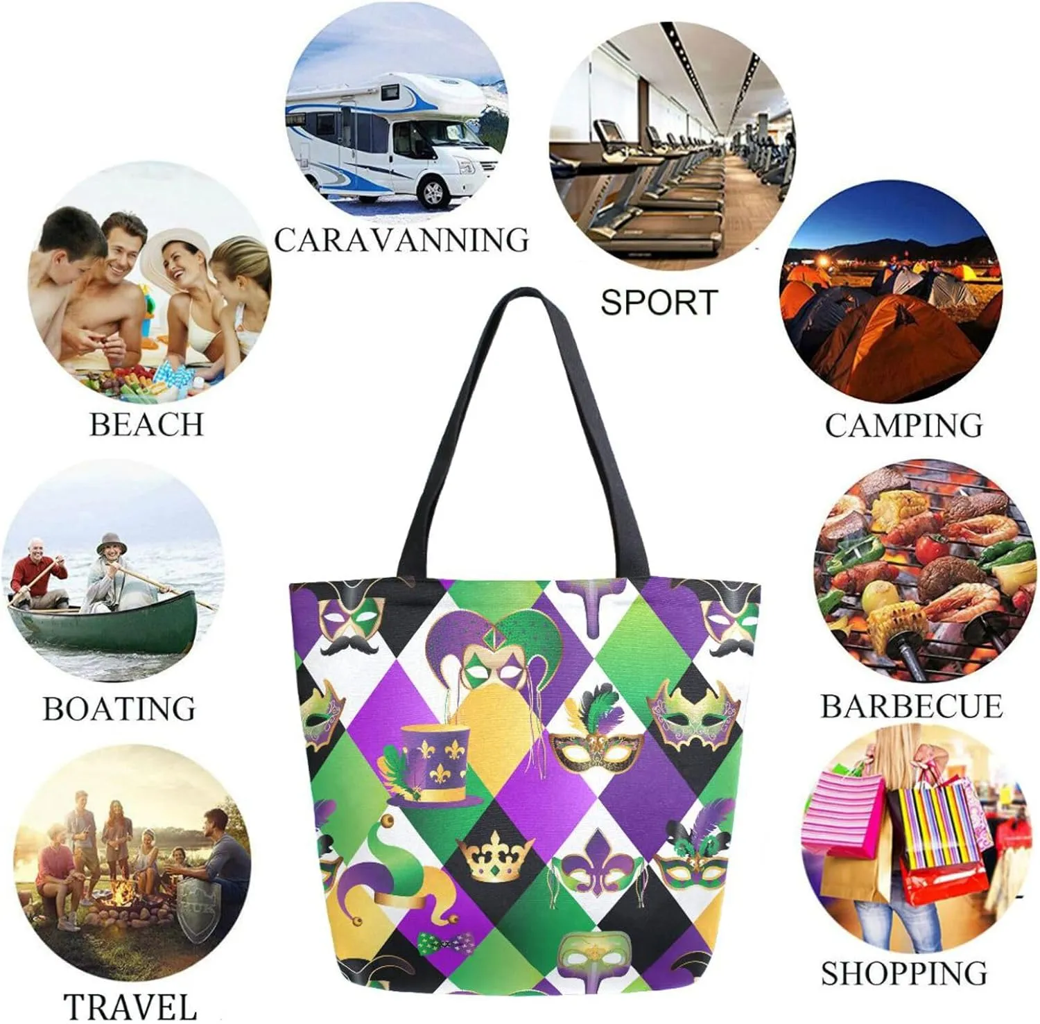 Naanle Fashion Carnival Masks Extra Large Tote Long Handle Bags Canvas Reusable Market Beach Travel Gym Shopping Shoulder Bag