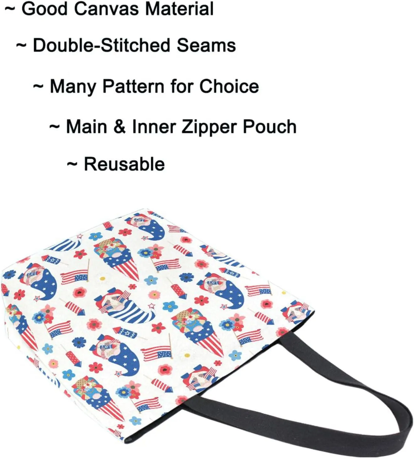 Naanle Usa Patriotic Gnomes American Flag Extra Large Tote Long Handle Bags Canvas Reusable Market Beach Travel Gym Shopping Shoulder Bag