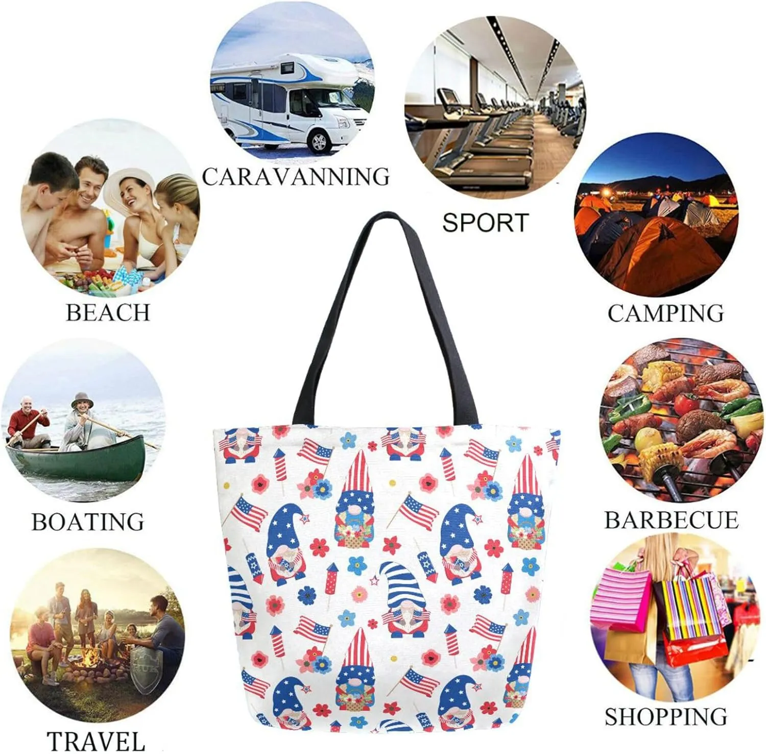 Naanle Usa Patriotic Gnomes American Flag Extra Large Tote Long Handle Bags Canvas Reusable Market Beach Travel Gym Shopping Shoulder Bag