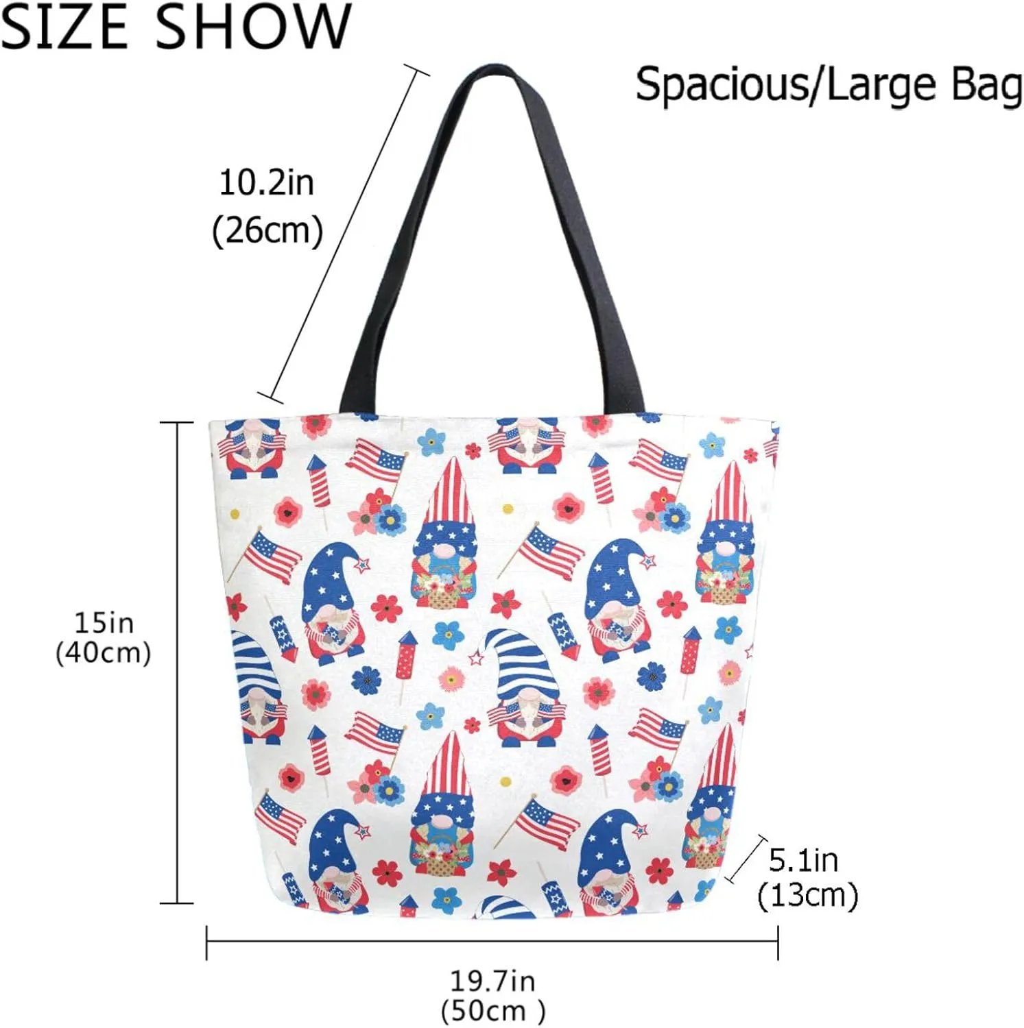 Naanle Usa Patriotic Gnomes American Flag Extra Large Tote Long Handle Bags Canvas Reusable Market Beach Travel Gym Shopping Shoulder Bag