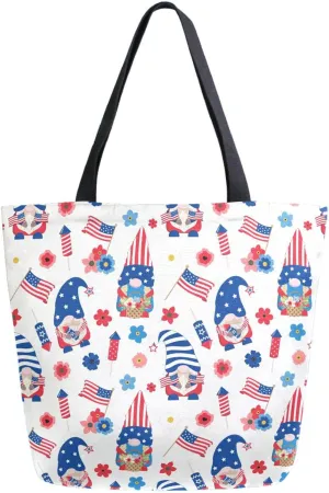 Naanle Usa Patriotic Gnomes American Flag Extra Large Tote Long Handle Bags Canvas Reusable Market Beach Travel Gym Shopping Shoulder Bag