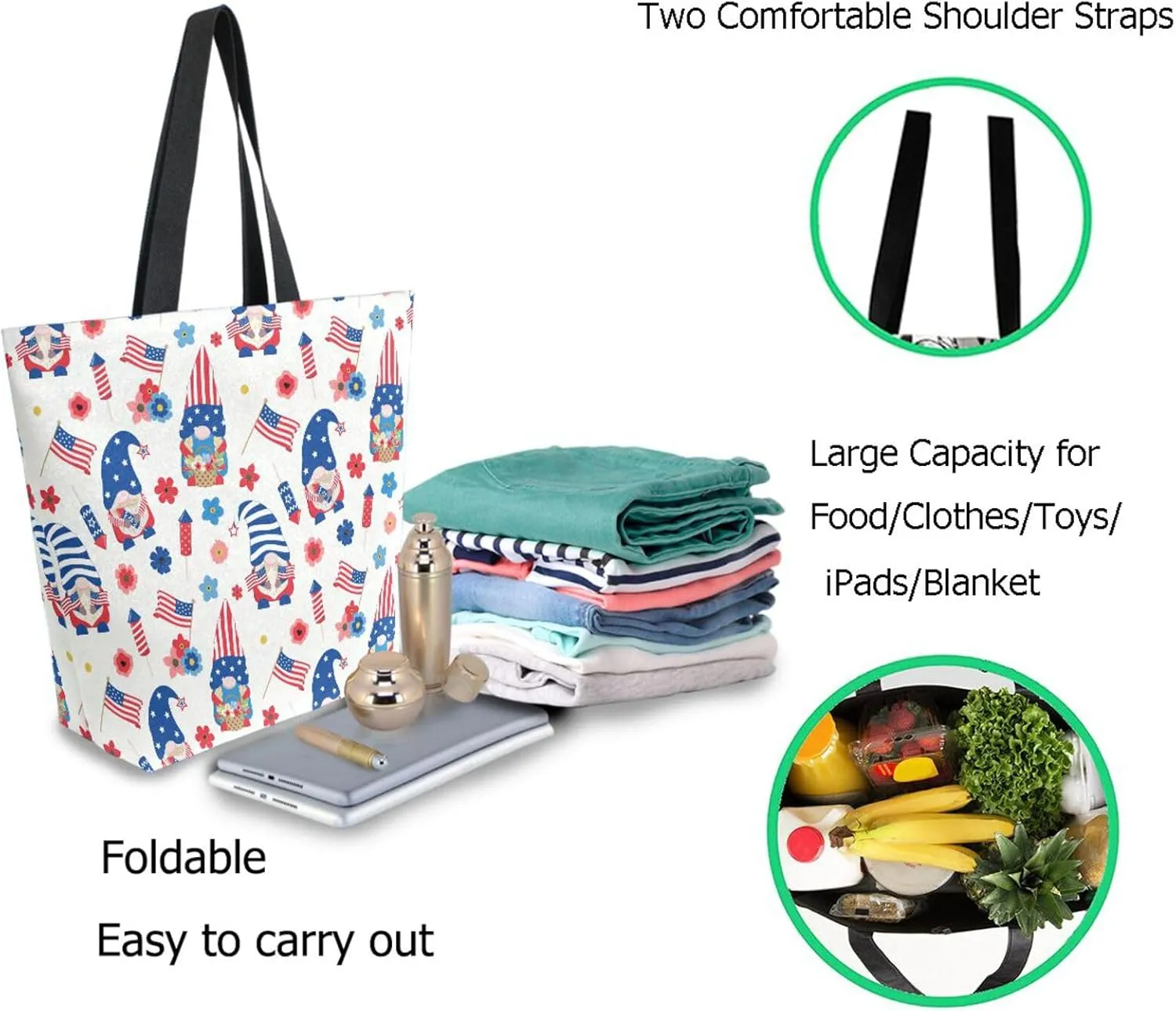 Naanle Usa Patriotic Gnomes American Flag Extra Large Tote Long Handle Bags Canvas Reusable Market Beach Travel Gym Shopping Shoulder Bag