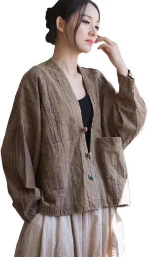 NFYM Women's Lightweight Cotton Linen Vintage Tie-Dye Loose Fit Open Front Kimono Cardigan Jacket Outwear