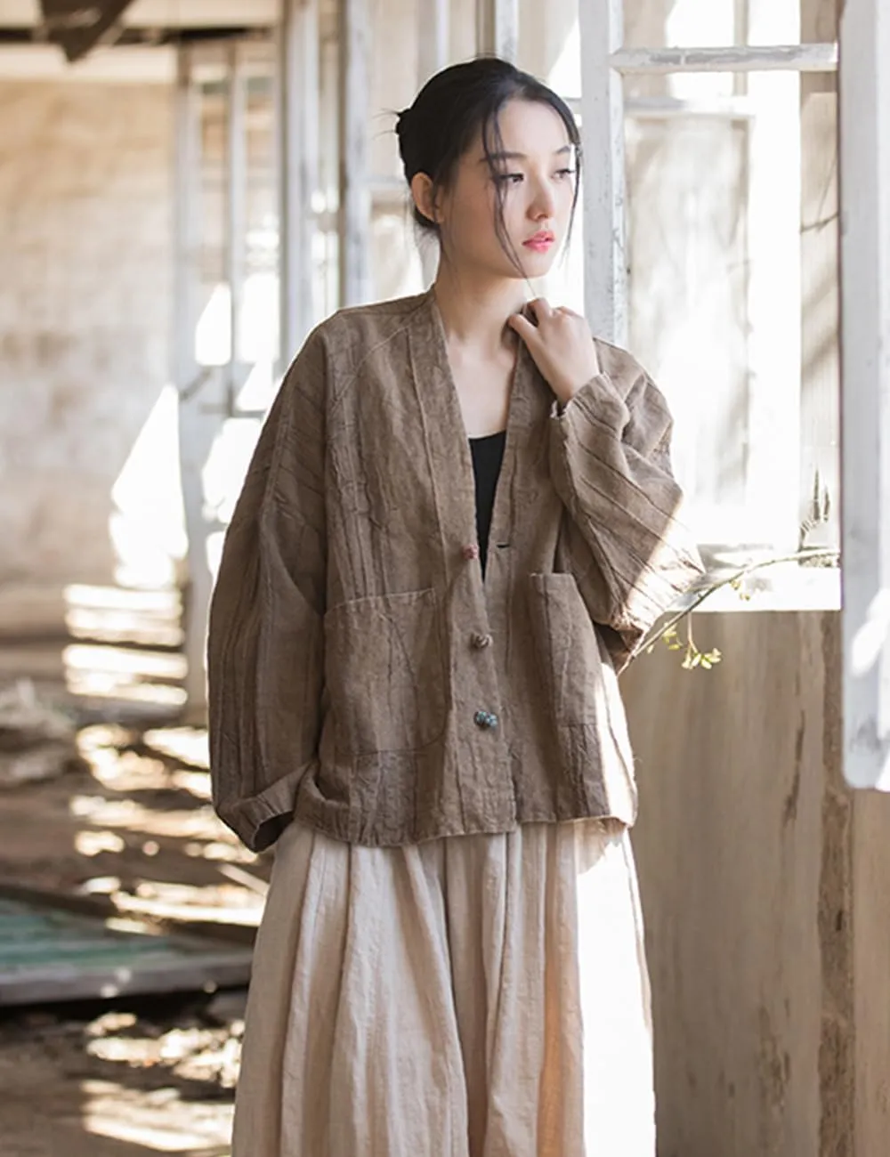 NFYM Women's Lightweight Cotton Linen Vintage Tie-Dye Loose Fit Open Front Kimono Cardigan Jacket Outwear