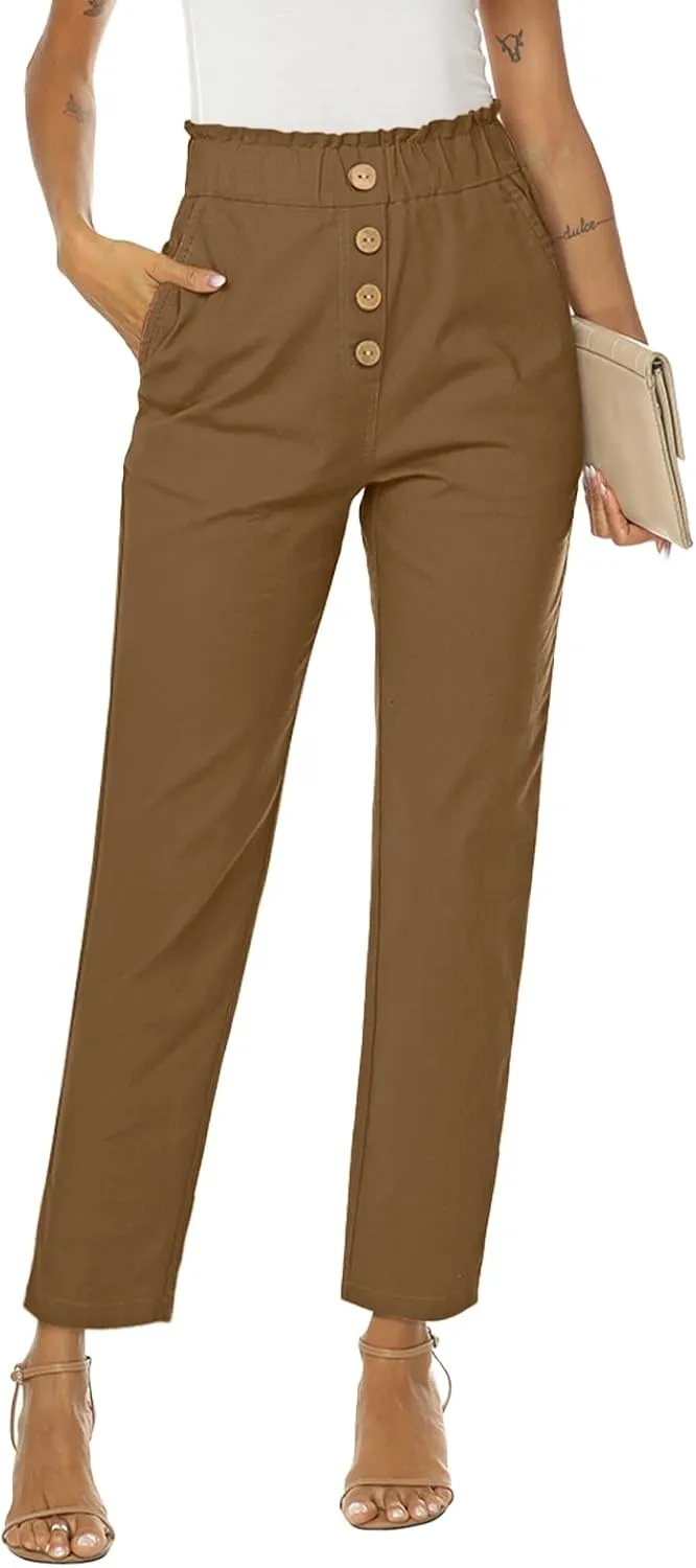 NIMIN Womens Casual Pants High Waisted Work Pants Elastic Cropped Dress Paper Bag Pants with Pockets