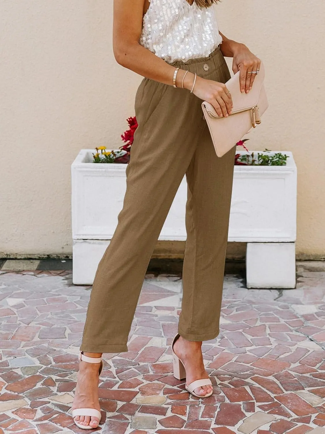 NIMIN Womens Casual Pants High Waisted Work Pants Elastic Cropped Dress Paper Bag Pants with Pockets