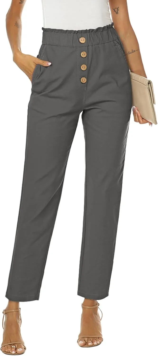NIMIN Womens Casual Pants High Waisted Work Pants Elastic Cropped Dress Paper Bag Pants with Pockets