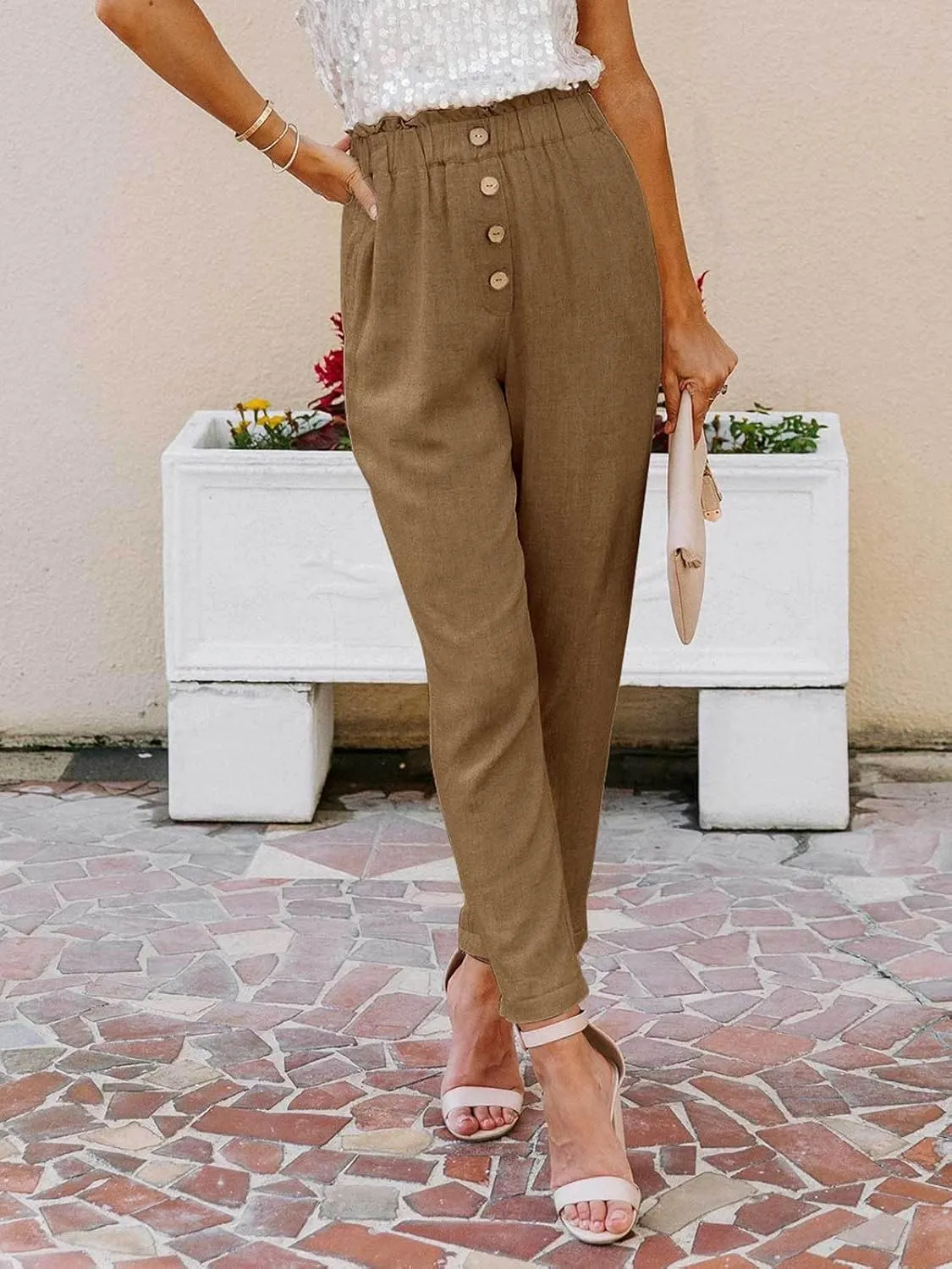 NIMIN Womens Casual Pants High Waisted Work Pants Elastic Cropped Dress Paper Bag Pants with Pockets