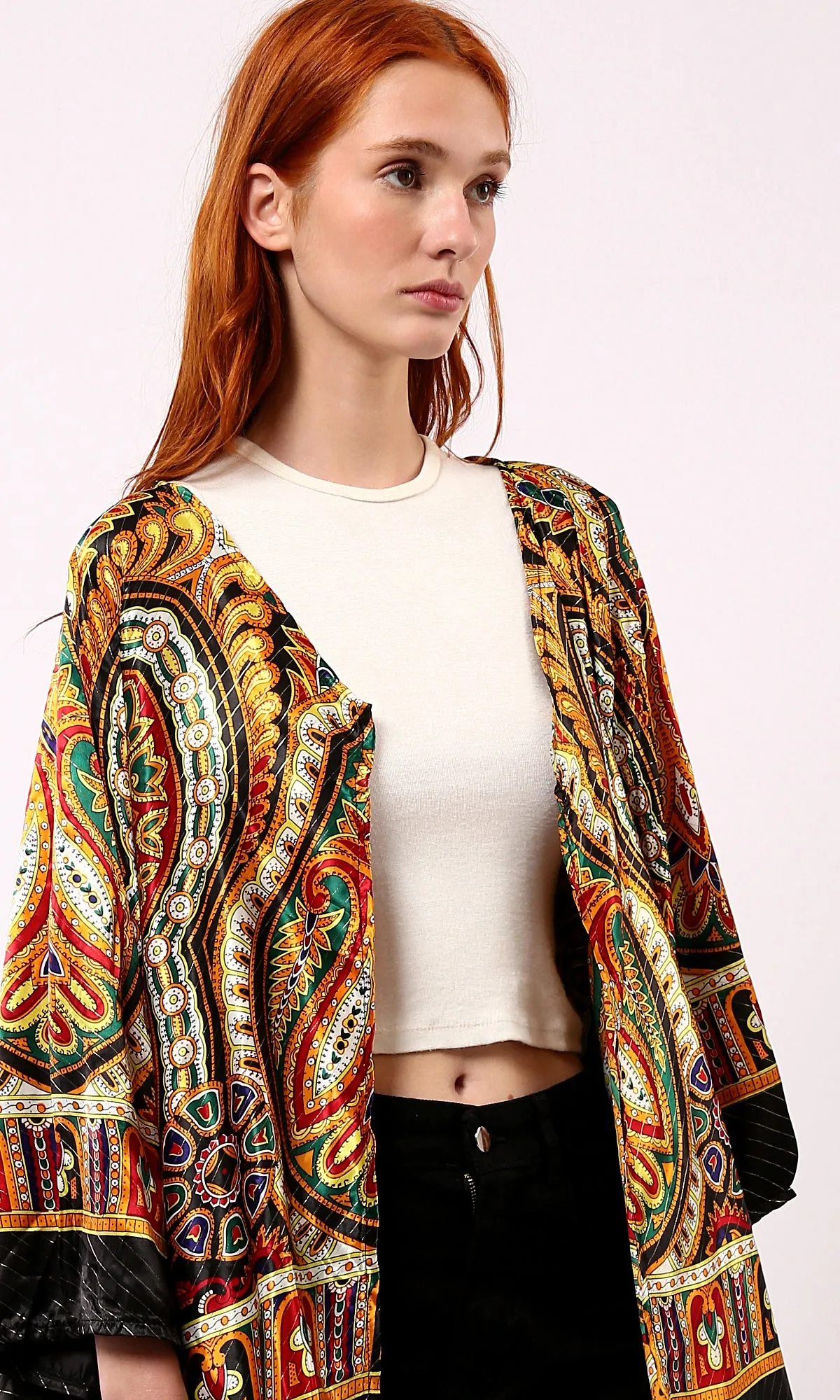 O182854 Patterned Black & Gold Stain Cardigan With Open Neckline