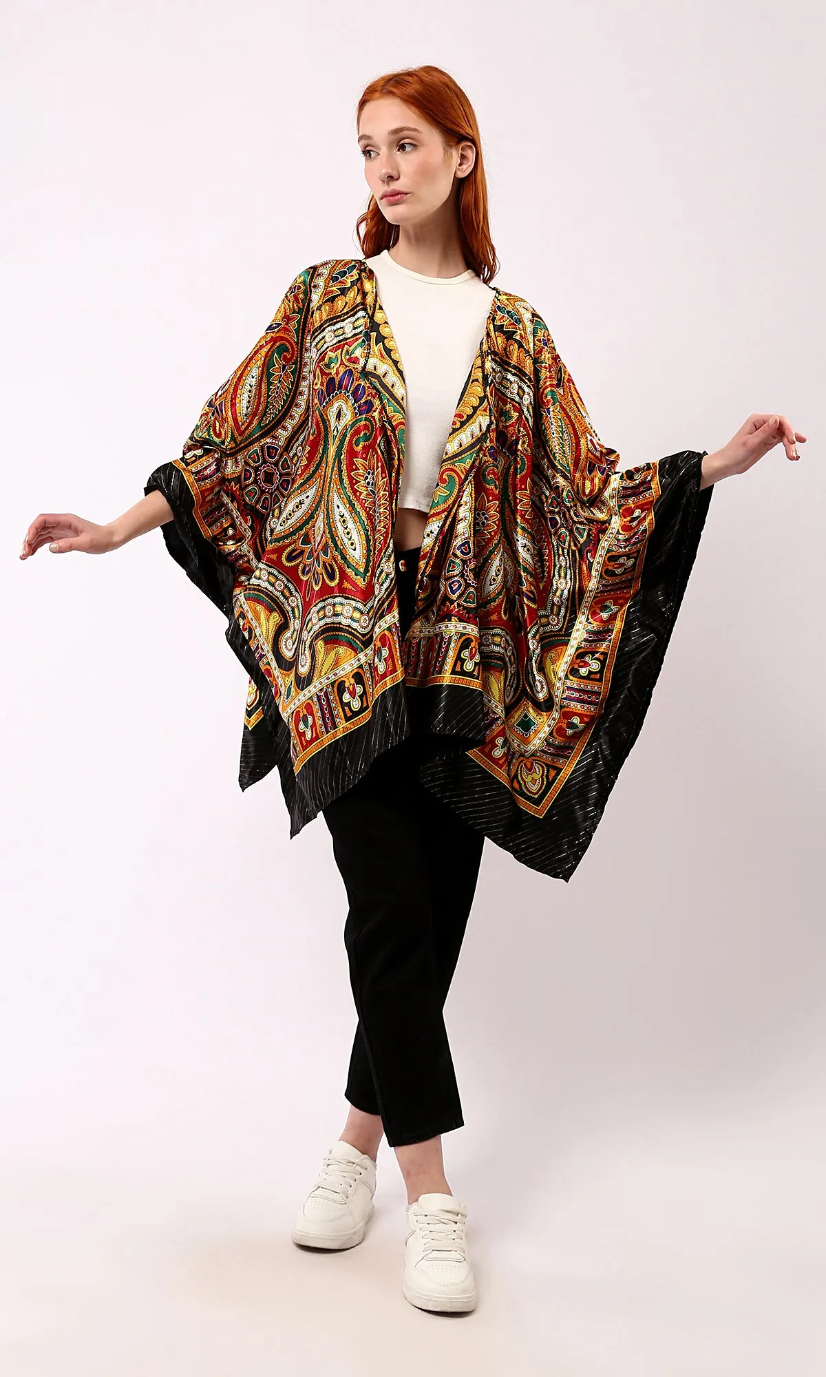 O182854 Patterned Black & Gold Stain Cardigan With Open Neckline