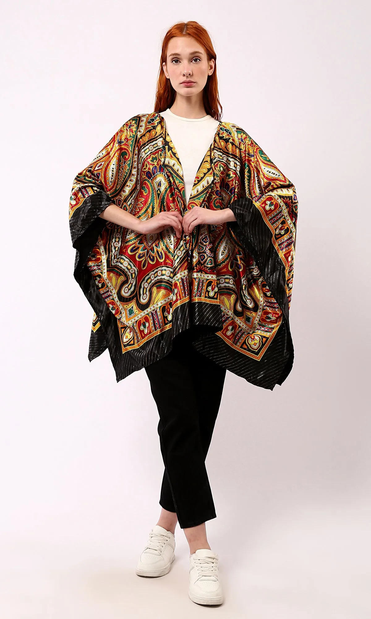 O182854 Patterned Black & Gold Stain Cardigan With Open Neckline