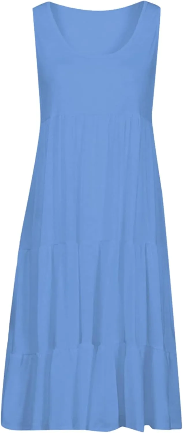 OMZIN Women Crewneck Sleeveless Beach Dresses Loose Swing Tank Midi Casual Dress