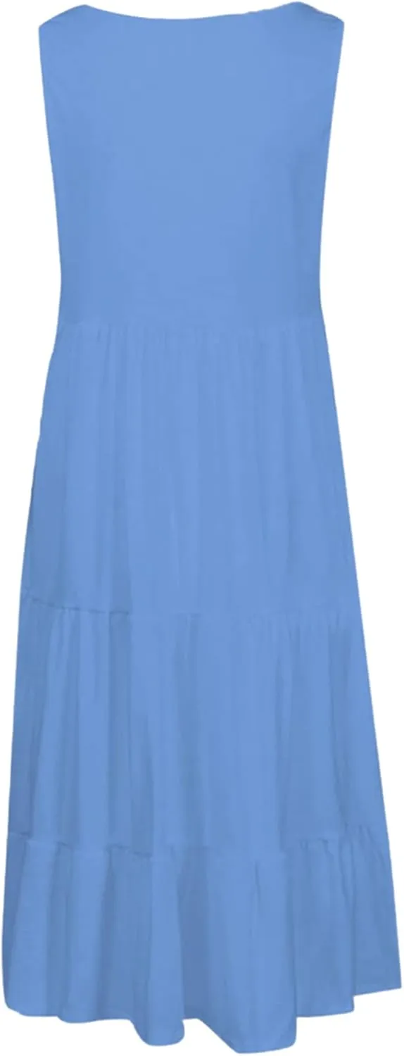 OMZIN Women Crewneck Sleeveless Beach Dresses Loose Swing Tank Midi Casual Dress