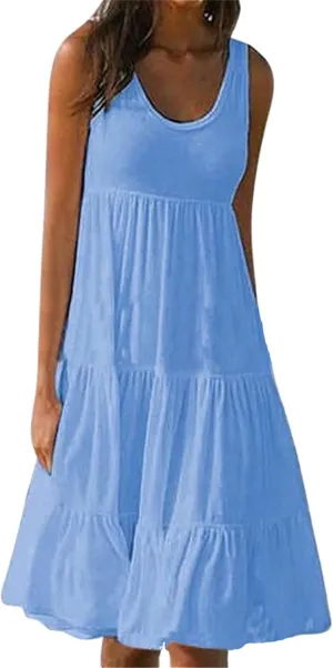 OMZIN Women Crewneck Sleeveless Beach Dresses Loose Swing Tank Midi Casual Dress
