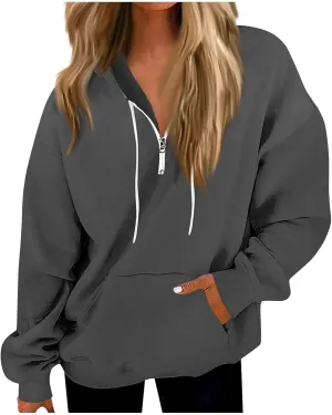 Oversized Zip Up Hoodie Women Fleece Quarter Zip Pullover Sweatshirts Casual Long Sleeve Top Fall Clothes w/Pockets