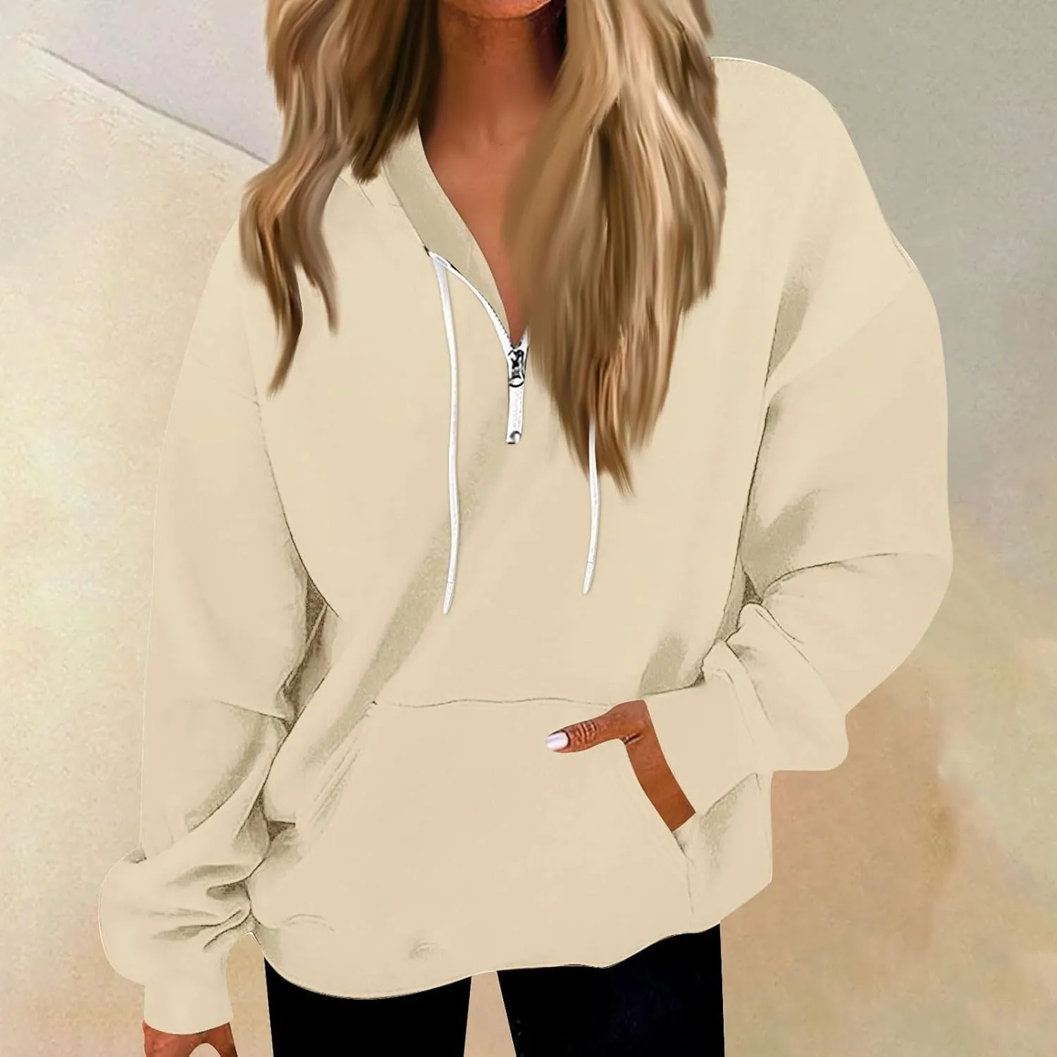 Oversized Zip Up Hoodie Women Fleece Quarter Zip Pullover Sweatshirts Casual Long Sleeve Top Fall Clothes w/Pockets