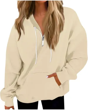 Oversized Zip Up Hoodie Women Fleece Quarter Zip Pullover Sweatshirts Casual Long Sleeve Top Fall Clothes w/Pockets